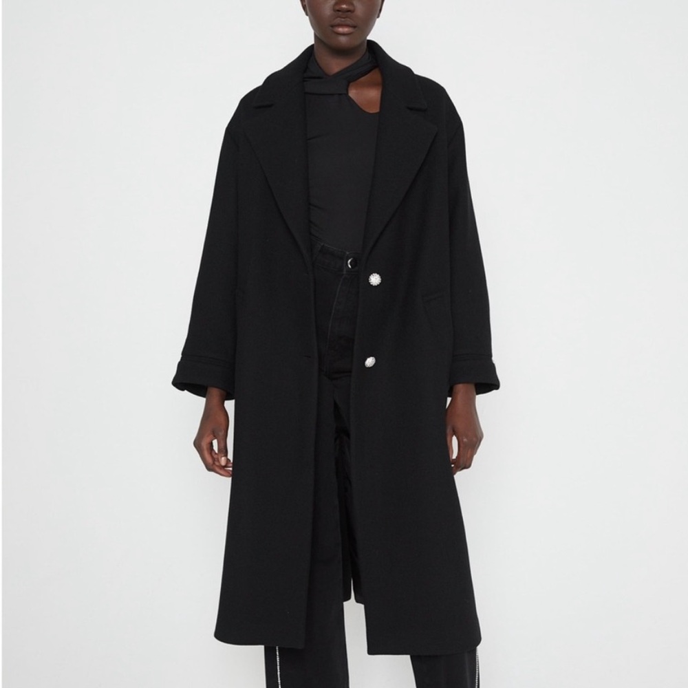 ZARA Wool Blend Black Long Coat Overcoat sz M